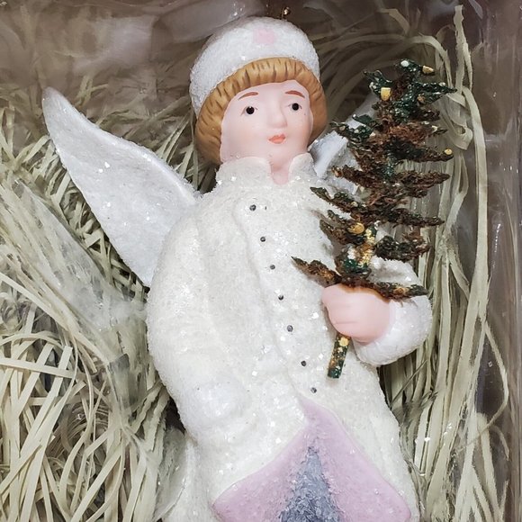 Victorian Glitter Winter Angels Porcelain Ornament Christmas decor boy 5.5" - Picture 4 of 12